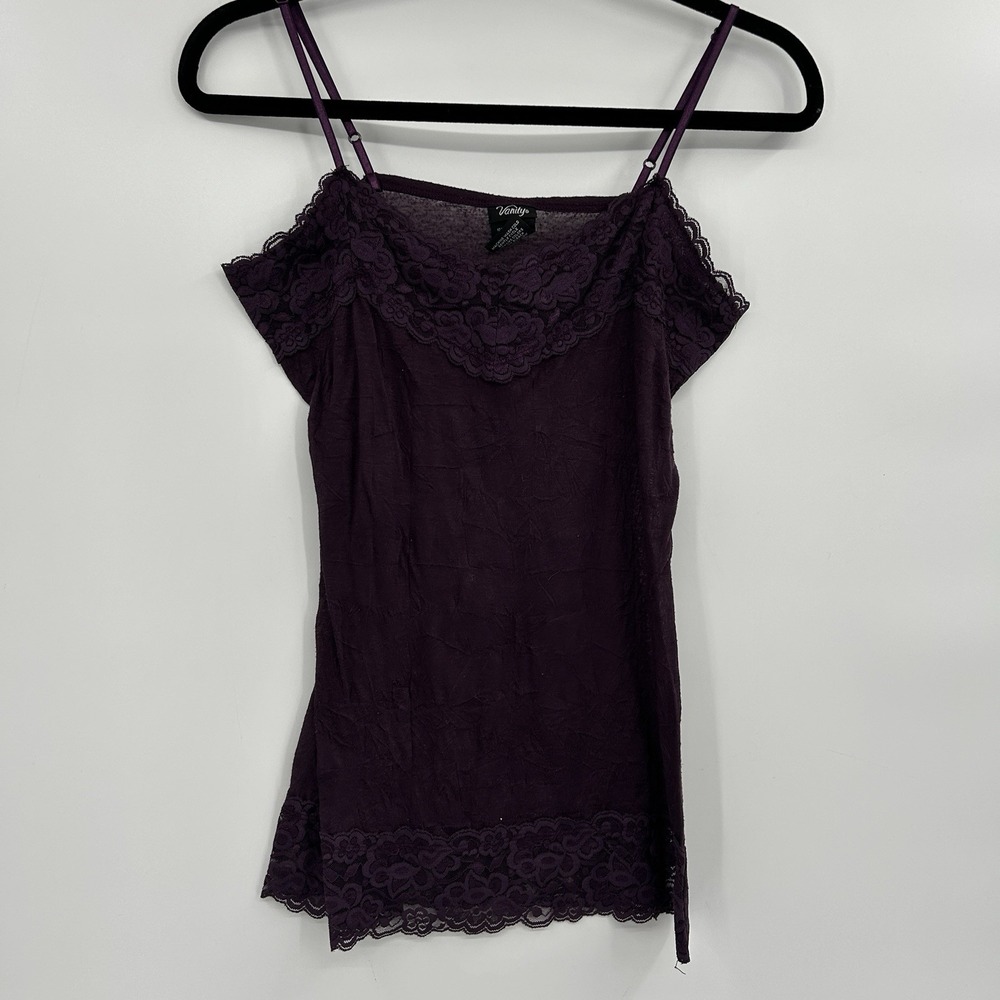 Vanity Y2K Lace Trim Crinkle Cami Tank Top Size M Purple Whimsigoth Fairy Grunge